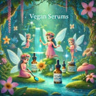 A whimsical illustration depicting fairies surrounding vegan serums in a lush, enchanted forest. The focal point showcases the bottles labeled 'Vegan Serums' amid vibrant flowers and greenery, representing the latest vegan skincare trends.