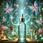 A beautiful hyaluronic acid serum placed in a mystical forest setting, surrounded by magical elements like fairies, mushrooms, and glowing orbs, emphasizing its significance in natural skincare for men.