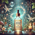 A mystical representation of a witch hazel anti-aging serum bottle, surrounded by enchanting elements like fairies, glowing orbs, and botanical ingredients, highlighting the natural benefits of witch hazel in skincare.