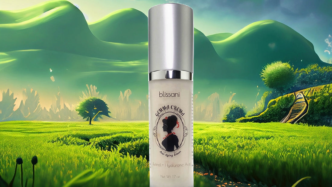 A magical green field and in the center is a bottle of Gemma Crema