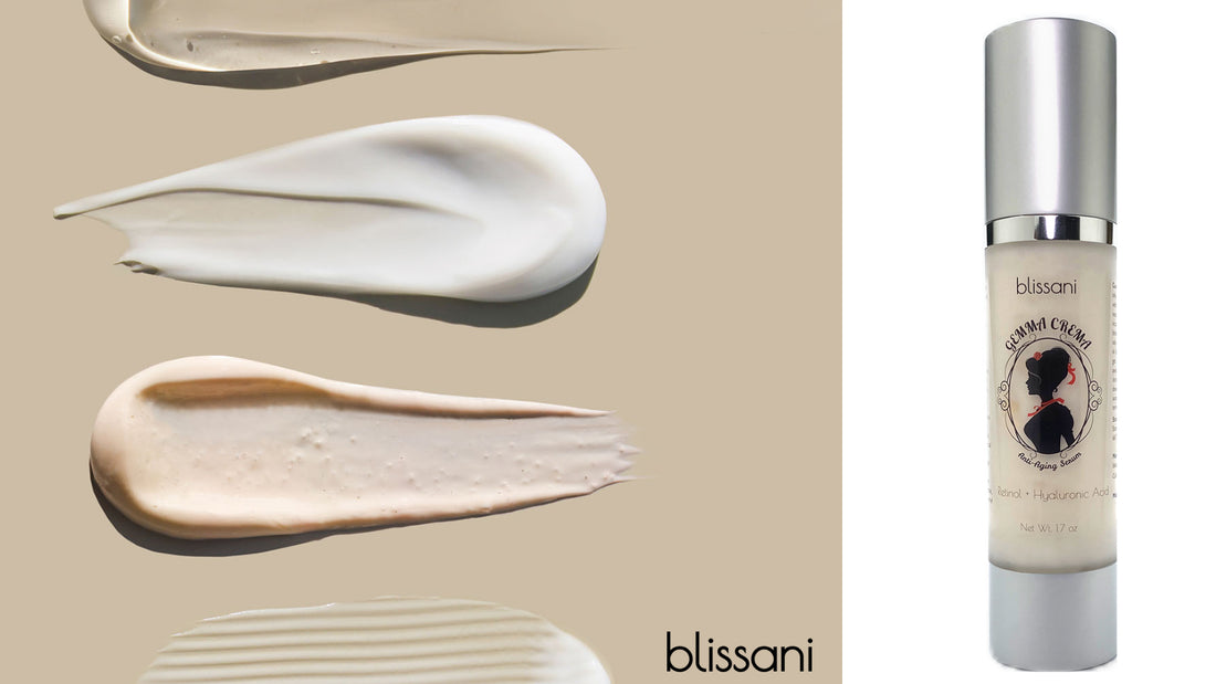 a variety of skin creams on a pallete next to a bottle of Gemma Crema Vegan Anti-Aging Serum