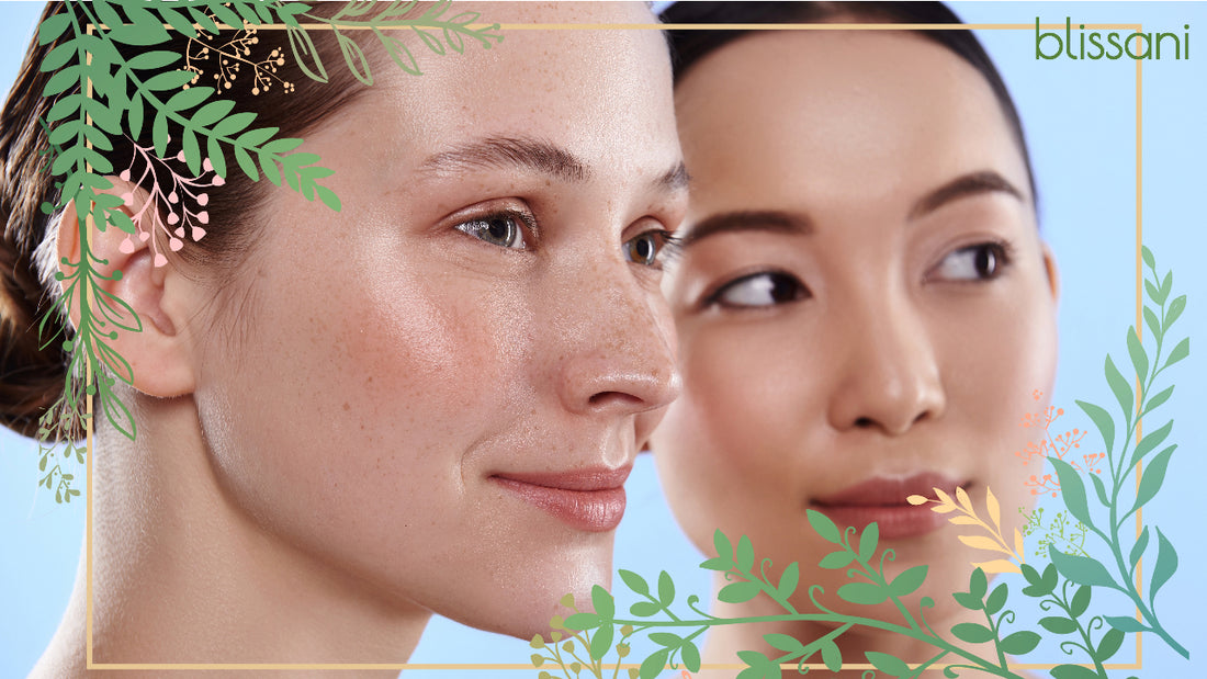 Two women who have lovely skin with ornamental leaves and the blissani logo