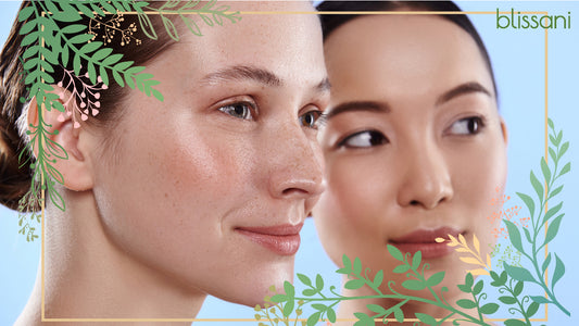 Two women who have lovely skin with ornamental leaves and the blissani logo