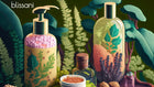 Beautiful display of products from an ethical skincare brand, featuring vibrant botanical elements and natural ingredients in eco-friendly packaging.