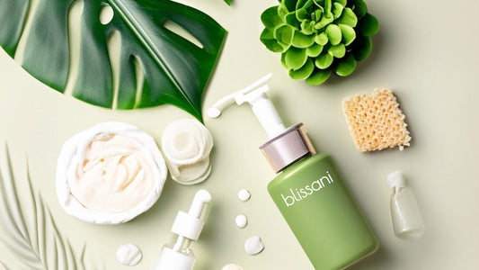 A variety of natural skincare products next to plants and leaves
