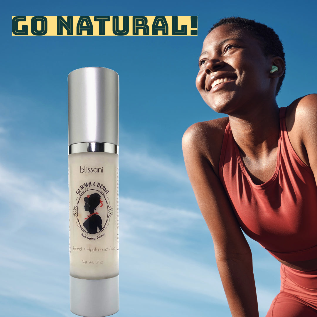 A beautiful dark skinned woman on a blue sky with a bottle of Gemma Crema Vegan Anti Aging Serum and a slogan that says "Go Natural"