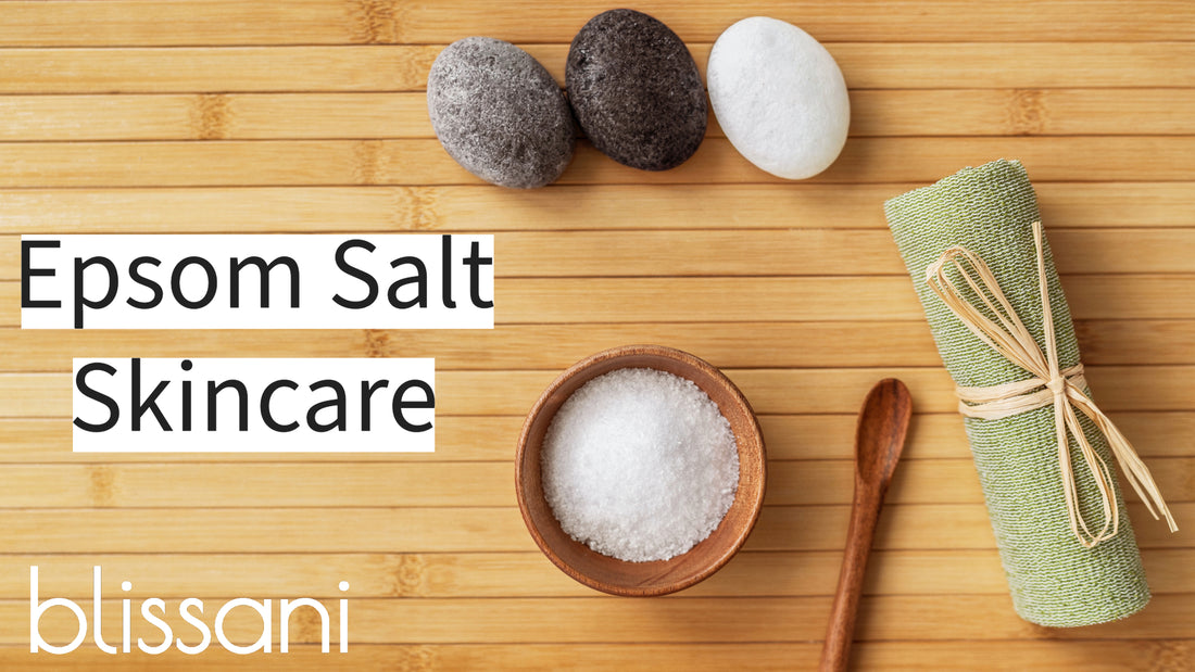 "Epsom Salt Skincare" with the blissani logo and epsom salt.