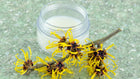 A close-up of witch hazel flowers next to a clear container of toner, highlighting the witch hazel toner benefits for healthy and hydrated skin.