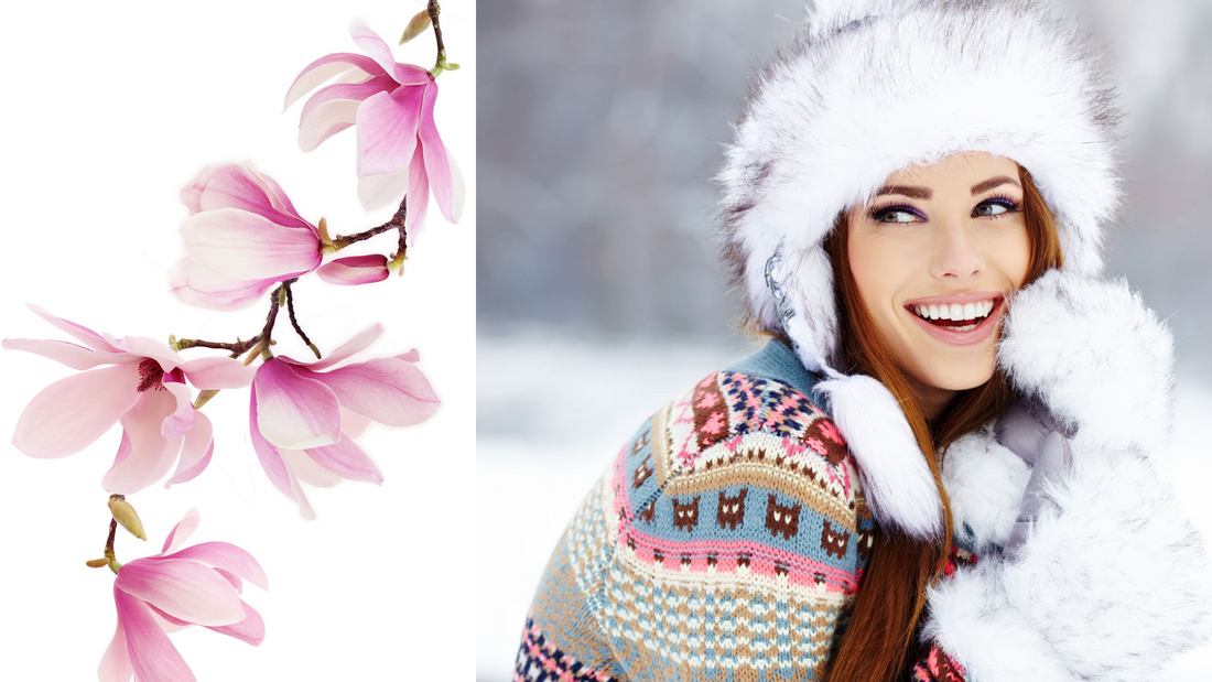 flowers next to a woman in winter