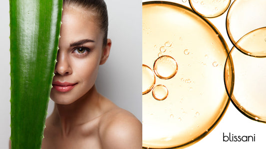 A woman holding an aloe plant and drops of beauty oil