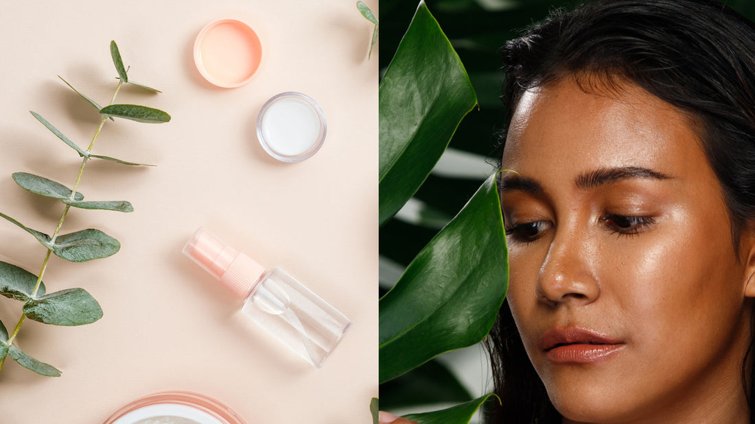 A woman in her 40s next to a plant and a variety of natural wrinkle products