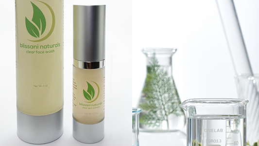 images of blissani products, Face Wash and Natural Spot Treatment next to a beaker and test tubes with natural ingredients