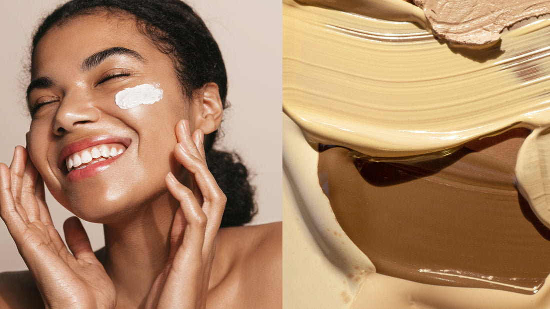 a darker skinned woman putting on cream next to a variety of natural creams