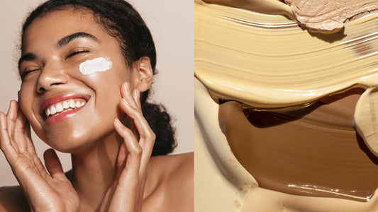 a darker skinned woman putting on cream next to a variety of natural creams