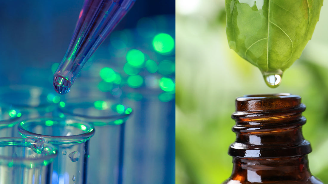 a dropper pouring liquid into a test tube next to a leaf with liquid running of it into a bottle.