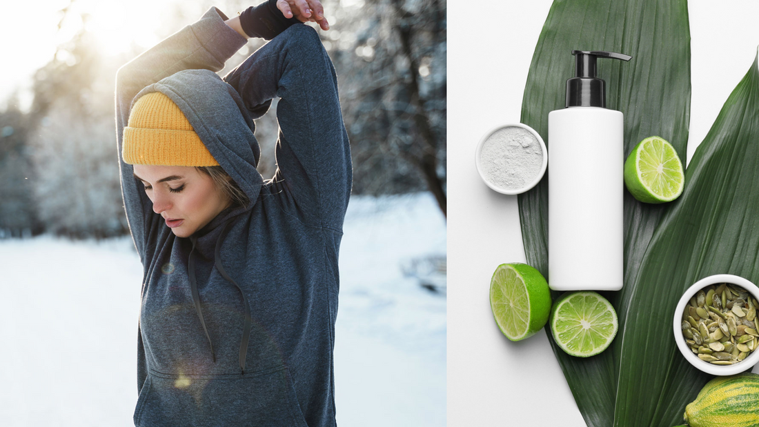 a woman posing in winter next to a bottle of serum and natural ingredients