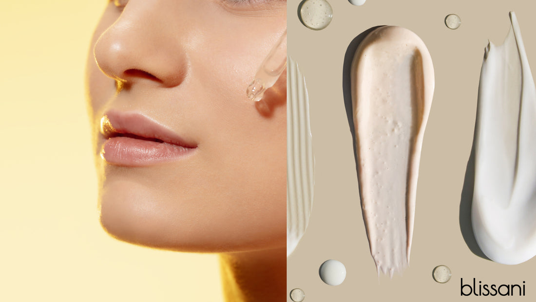 a woman in her 40s placing serum on her cheek next to a variety of wrinkle creams