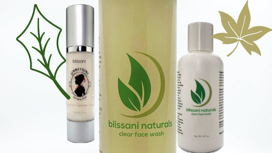 a bottle of Gemma Crema, Vegan Face Wash and Vegan Toner by blissani with leaf accents for design.