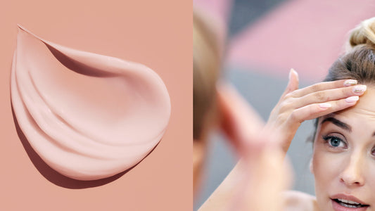a dollop of wrinkle cream next to a woman in her 30s touching her forehead