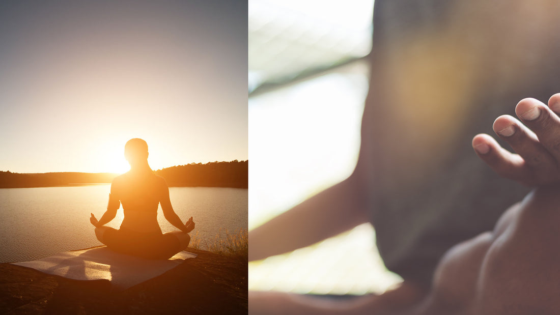 a woman meditating on a dock at sunset next to a person meditating in a studio
