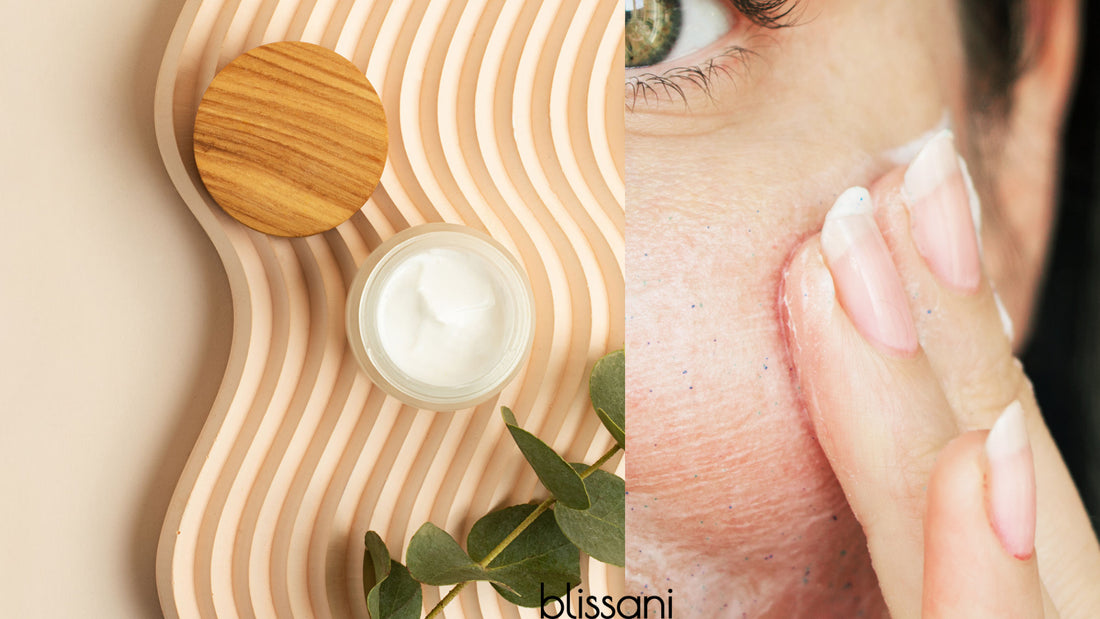 A variety of natural products next to a woman applying a natural cream under her eyes