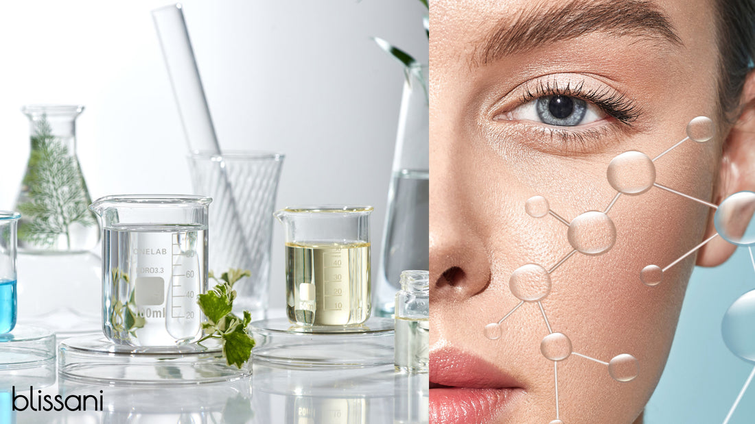 a variety of natural products in scientific tools such as beakers next to a woman with a model of a molecule
