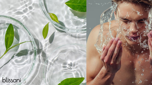 a variety of natural ingredients in a petri dish next to a man with his shirt off washing his face