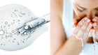 A clear gel-like substance with bubbles, representing hyaluronic acid, alongside a close-up of a person washing their face, illustrating skincare routines for acne treatment.