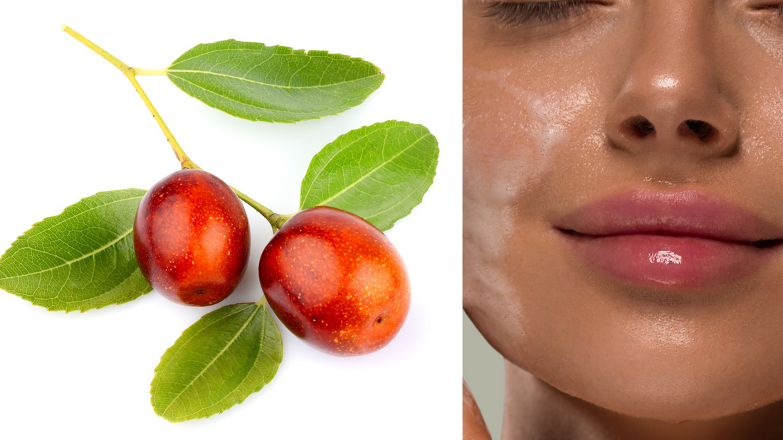 jojoba nut next to a woman washing her face