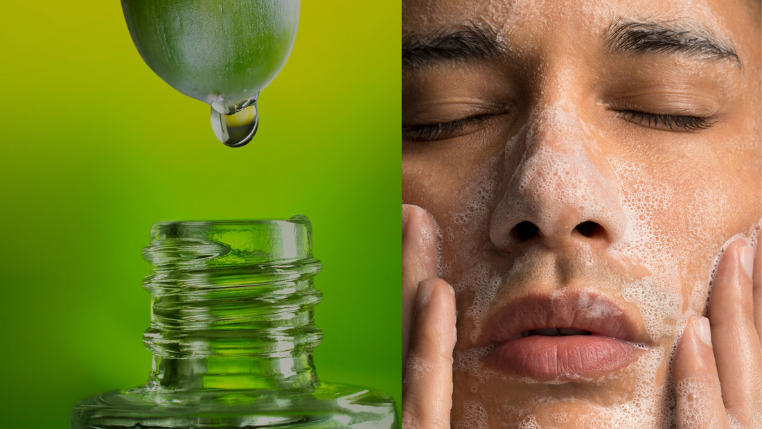 a jojoba nut being extracted into a bottle next to a man washing his face with foaming lather.
