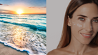 A serene beach scene during sunset, with vibrant colors reflecting on the water and gentle waves lapping at the shore.