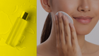 A bright yellow bottle of toner placed on a vibrant yellow background with water droplets. Beside it, a woman gently applies toner to her face using a cotton pad, showcasing a skincare routine with a natural product.