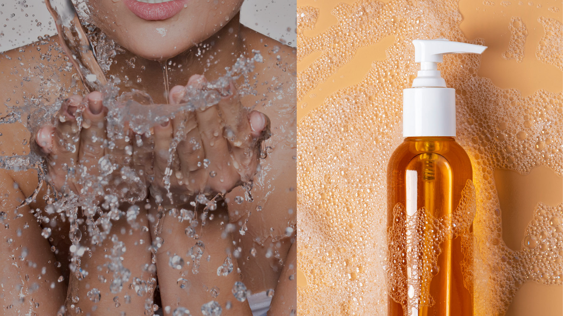 a woman splashing water on her face next to a bottle of face wash in a light foam