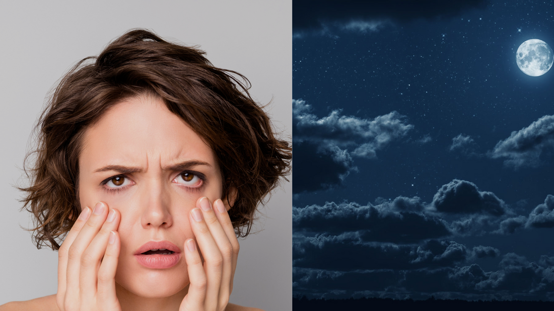 a woman with bags under her eyes holding her face next to a night sky with a bright moon