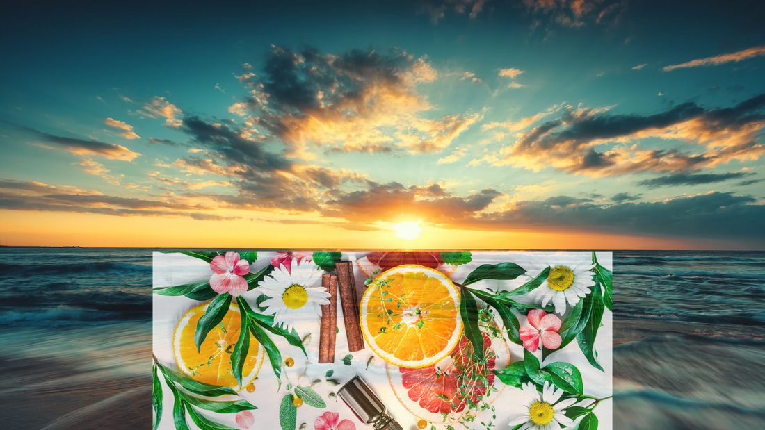 a sunrise behind a variety of natural ingredients