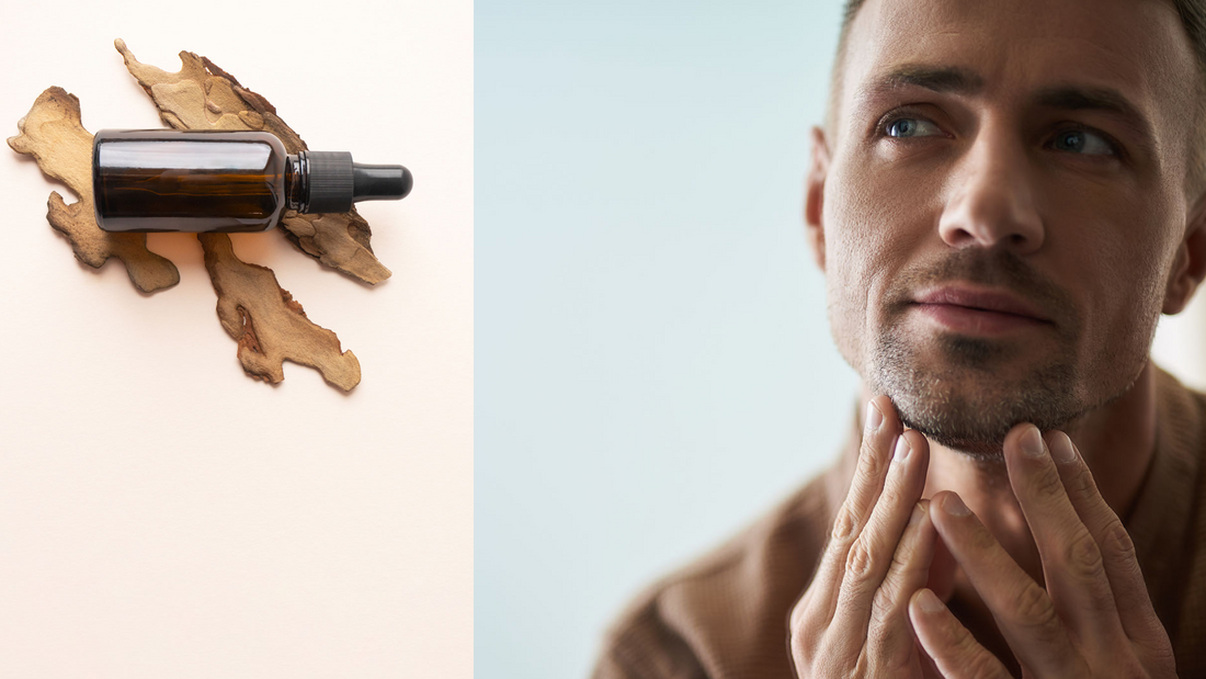 a natural serum next to a man examining his skin