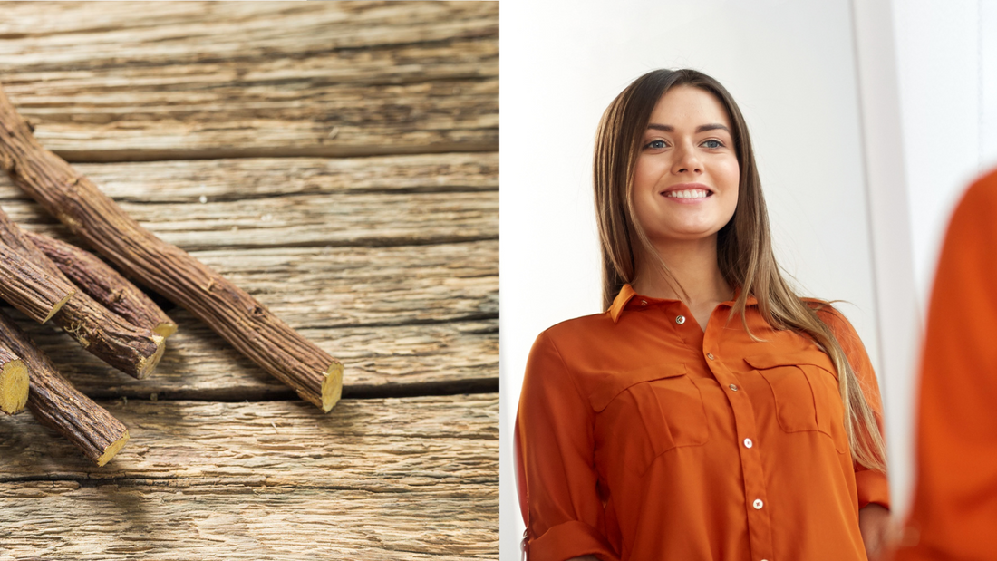 licorice root next to a woman looking in the mirror