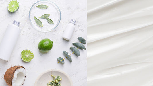 natural skin care products next to a white coat of hyaluronic acid cream