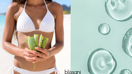A woman in a bikini swimsuit holding aloe stalks next to an anti-aging serum