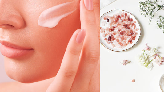 a woman applying skin cream to her cheek next to a variety of natural ingredients