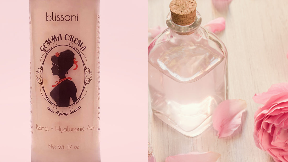a bottle of gemma crema anti-aging for women by blissani next to a jar of rose water with a cork