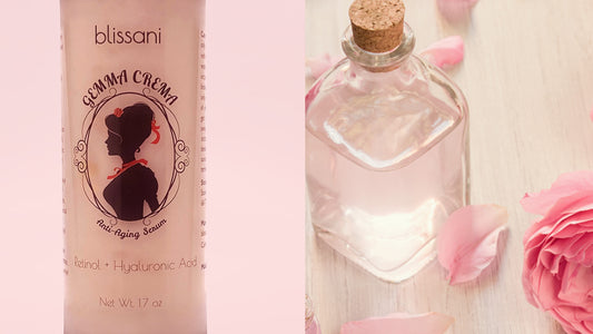 a bottle of gemma crema anti-aging for women by blissani next to a jar of rose water with a cork