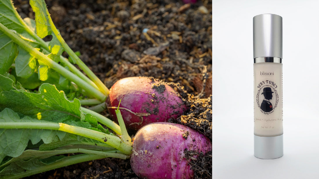A couple of radishes and their roots next to a bottle of Very Toney Men's Anti-Aging Serum