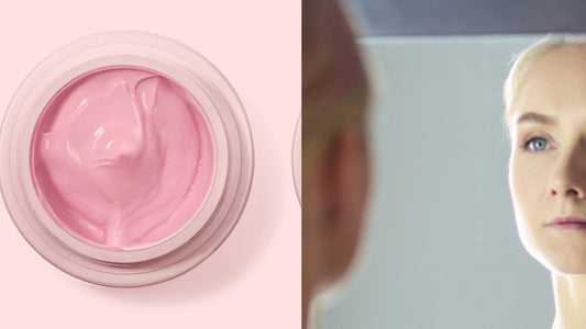 a tub of retinol cream next to a woman looking in the mirror