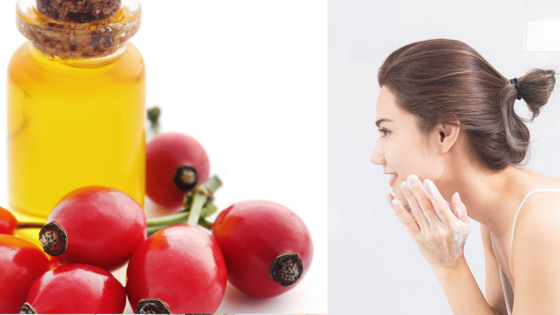 rosehip oil next to a woman washing her face