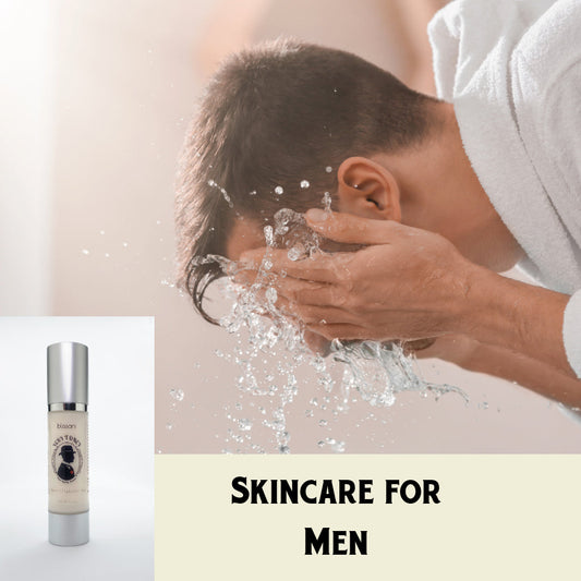 A man splashes water on his face after a shower a bottle of Very Toney Anti-Aging Serum is in the foreground and a title "skincare for men" can be seen.