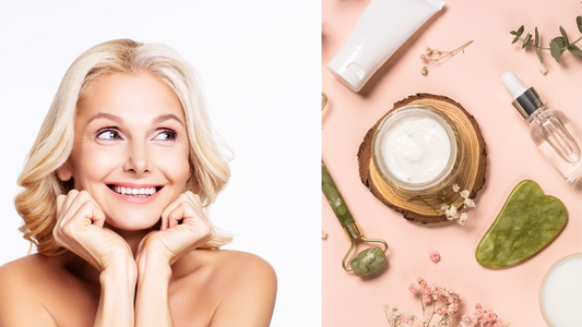 Woman looking at a variety of natural anti-aging skincare products