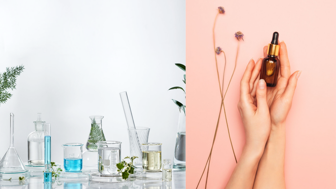 a series of bottles and test tubes with natural ingredients inside and a woman's hand holding vegan anti-aging serum