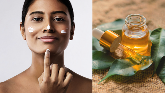 a woman placing a cream on her skin next to a bottle of tea tree oil which is open