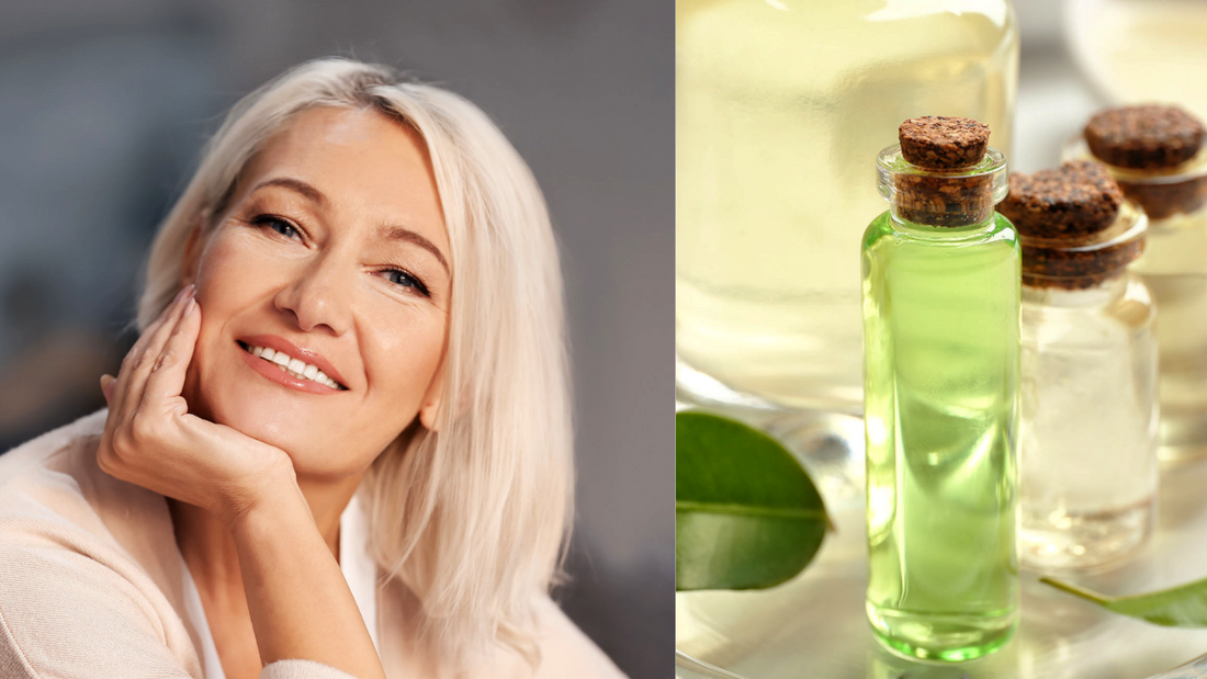 a mature woman in her 50s next to several bottles of natural extracts
